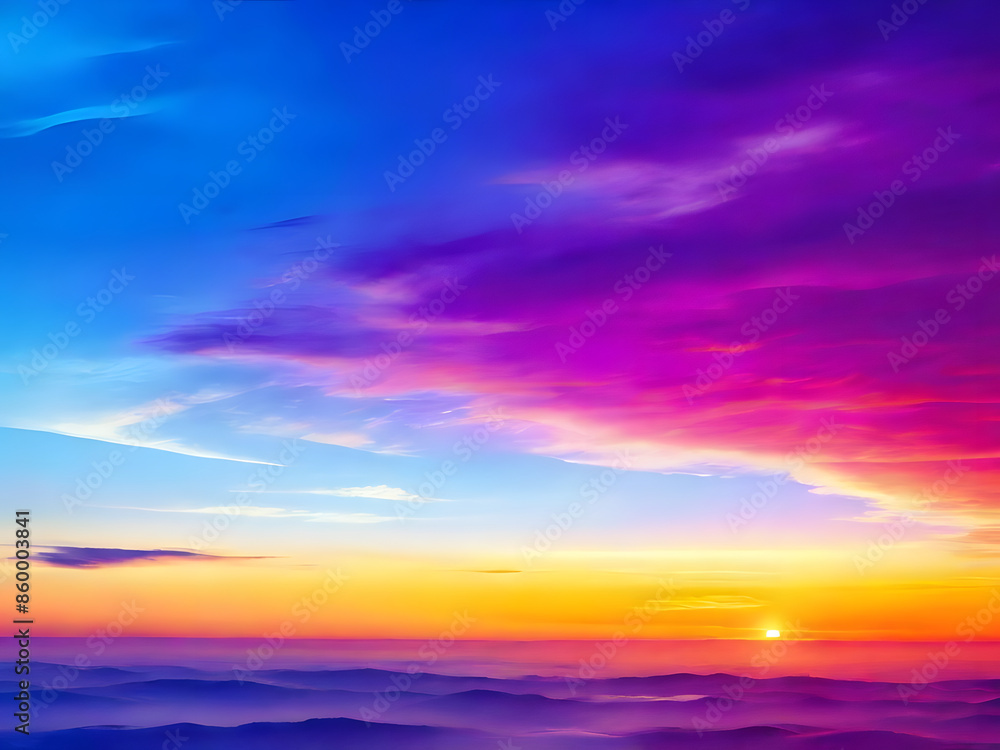 Fototapeta premium Fantasy vibrant panoramic sunset sky - Gradient rich colors - ethereal dreamy summer sunset or sunrise sky. Uplifting and peaceful sky. - blue, orange, yellow vibrant rich colors