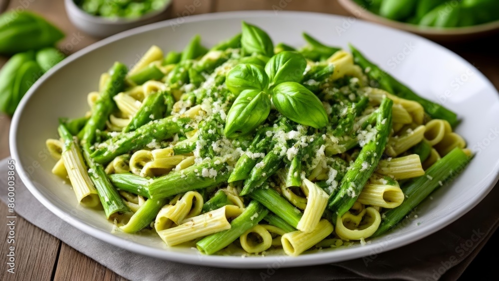 Delicious pasta dish with fresh basil and Parmesan cheese Delicious pasta dish with fresh basil and Parmesan cheese