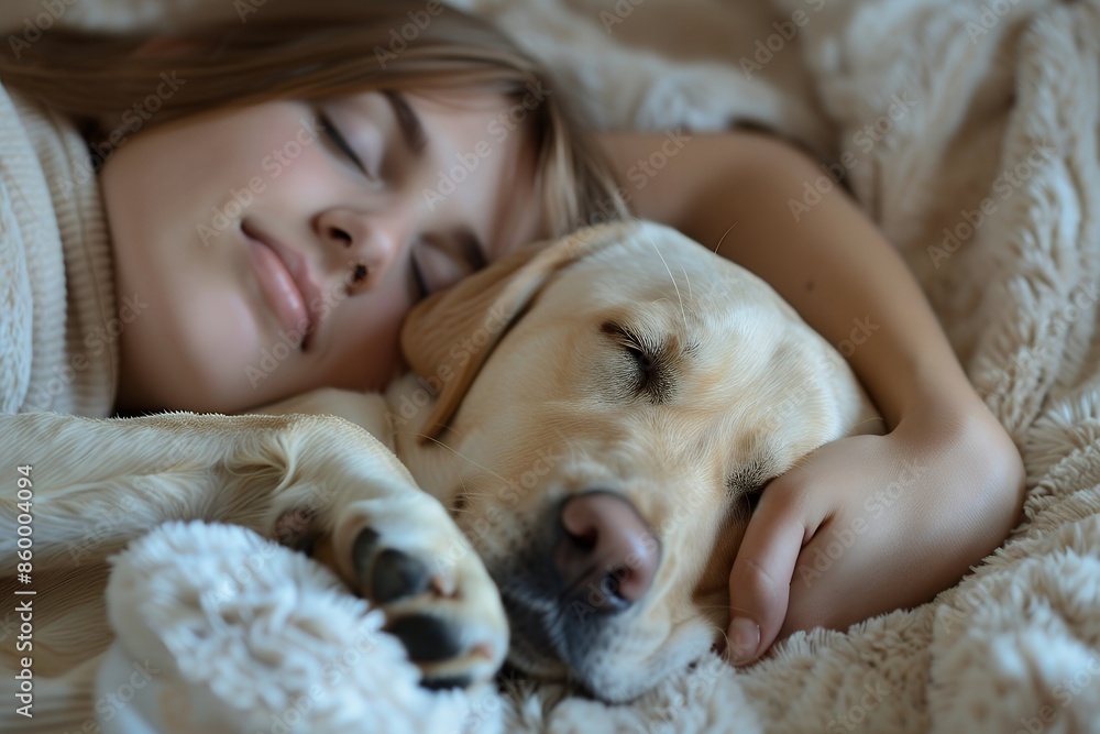 Portrait of woman and dog lying on bed, looking at camera. Happy young female with yellow labrador puppy sleeping in bedroom . Portrait of smiling girl resting with her pet in home interior. , stock p Portrait of woman and dog lying on bed, looking at camera. Happy young female with yellow labrador puppy sleeping in bedroom . Portrait of smiling girl resting with her pet in home interior. , stock p