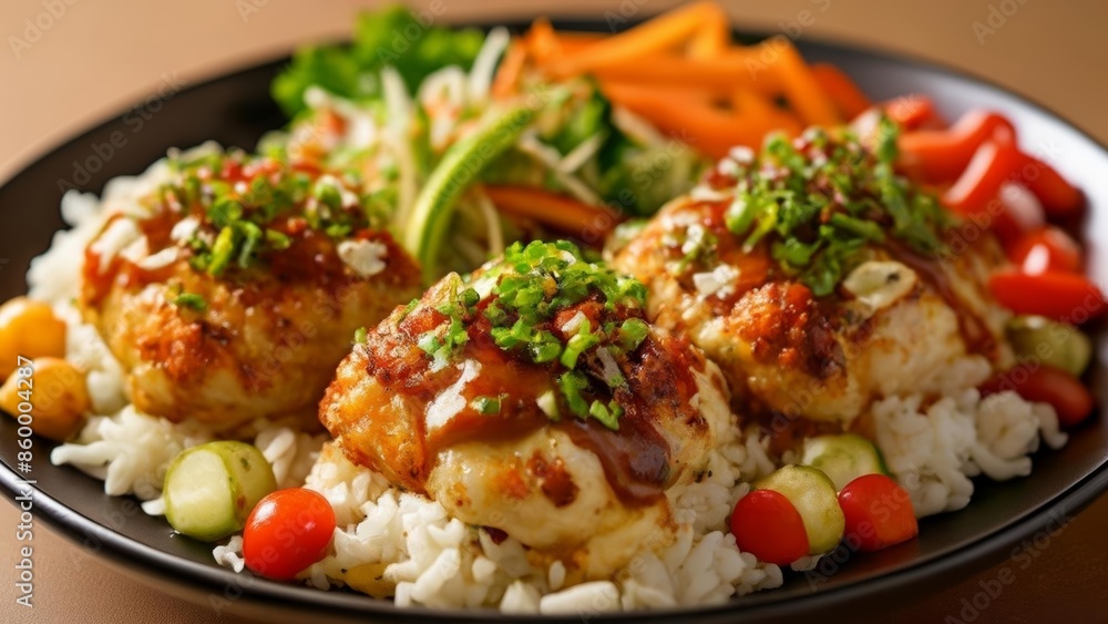 Delicious Asianinspired meal with chicken rice and vegetables Delicious Asianinspired meal with chicken rice and vegetables