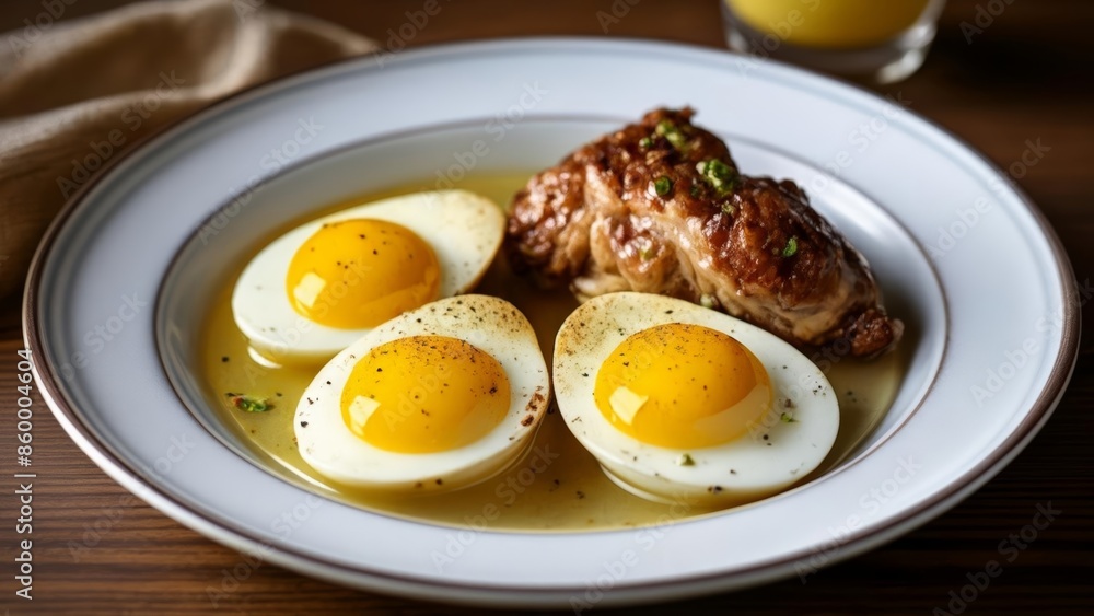 Deliciously prepared eggs and meat ready to be savored Deliciously prepared eggs and meat ready to be savored