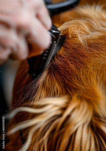 a close up shot to show detailed skin and hair being cut with an electric dog clipper machine