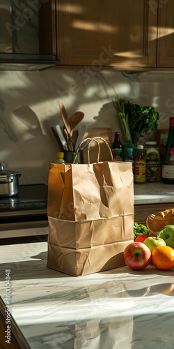 Brown rigid wrinklefree kraft paper bag of groceries on kitchen counter shot in studio photo