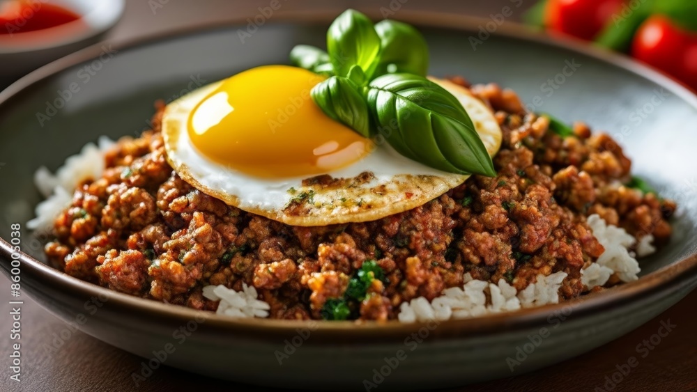 Deliciously hearty meal with a sunny side up egg on top Deliciously hearty meal with a sunny side up egg on top
