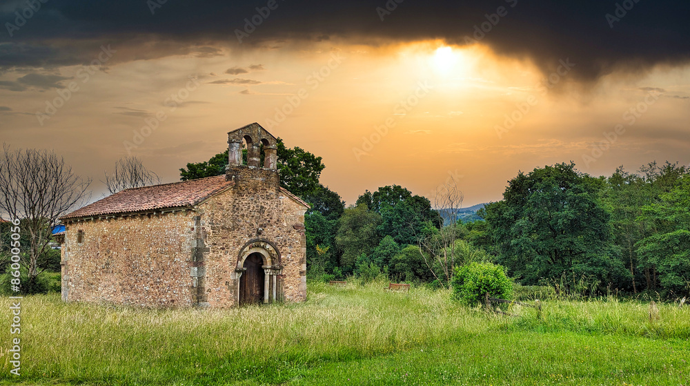 Fototapeta premium Romanesque church of San Esteban de Aramil, also known as San Esteban de los Caballeros, 12th century, Siero, Asturias, Spain