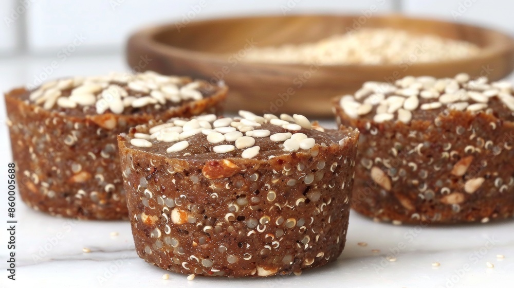 Homemade seeded energy bars on white marble countertop Homemade seeded energy bars on white marble countertop