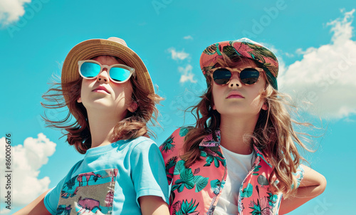 Stylish childrens in summer outfit. Kids fashion concept.
