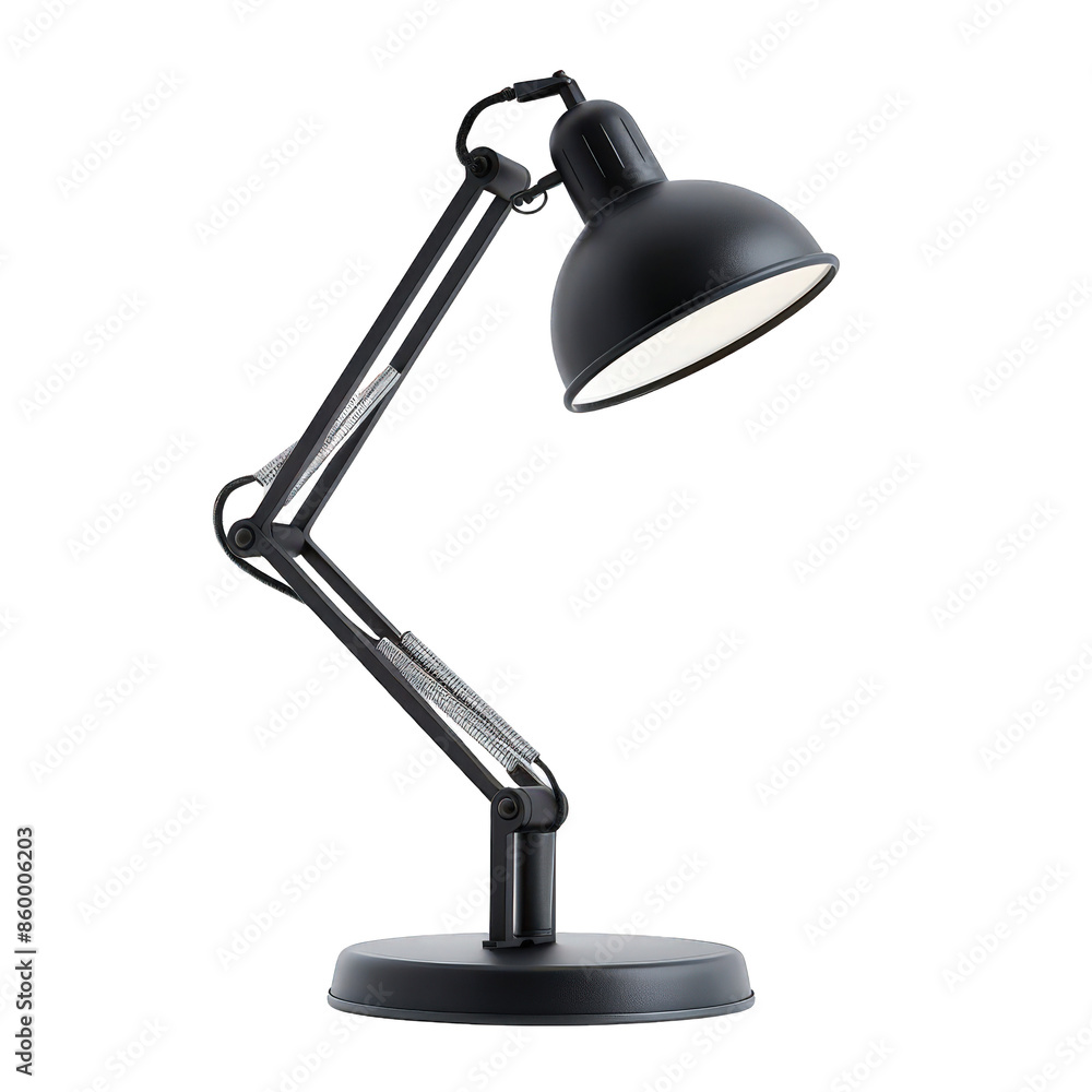 Modern Black Desk Lamp Illuminating Workspace - Functional Lighting Element Isolated on White Background Modern Black Desk Lamp Illuminating Workspace - Functional Lighting Element Isolated on White Background