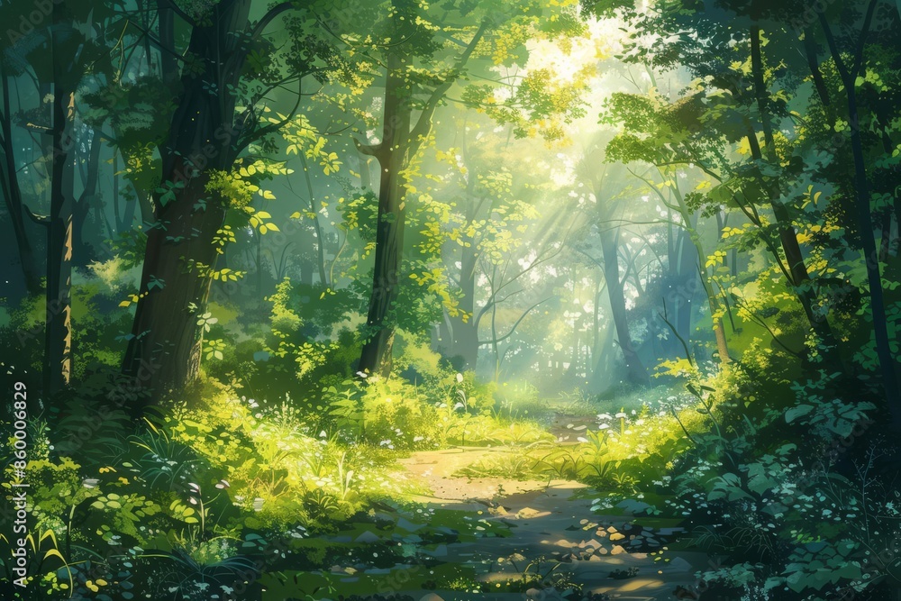 Obraz premium Scenic forest pathway with sunlight filtering through lush green trees, creating a tranquil and enchanting natural landscape.
