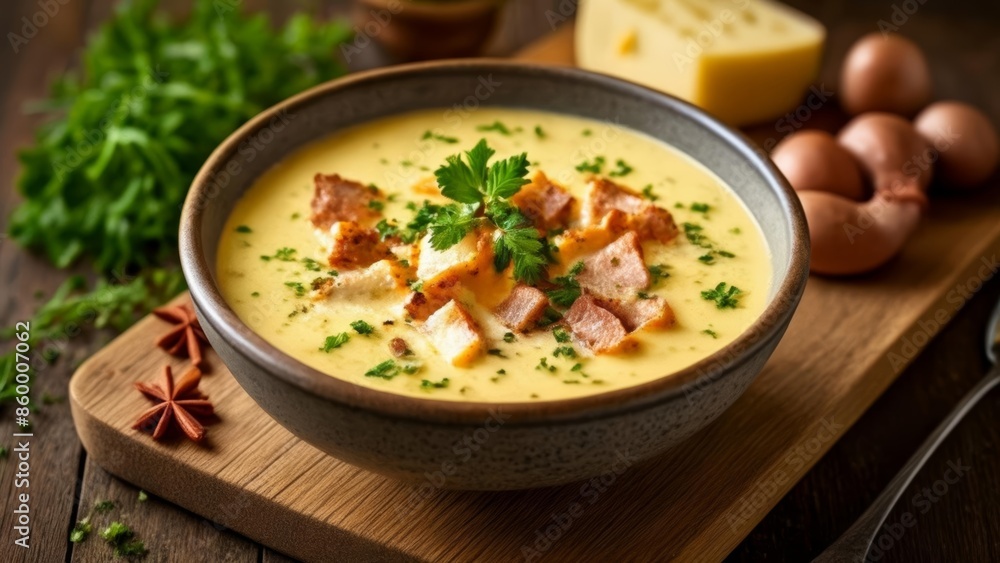 Deliciously creamy soup with a hint of fresh herbs and crispy bacon Deliciously creamy soup with a hint of fresh herbs and crispy bacon