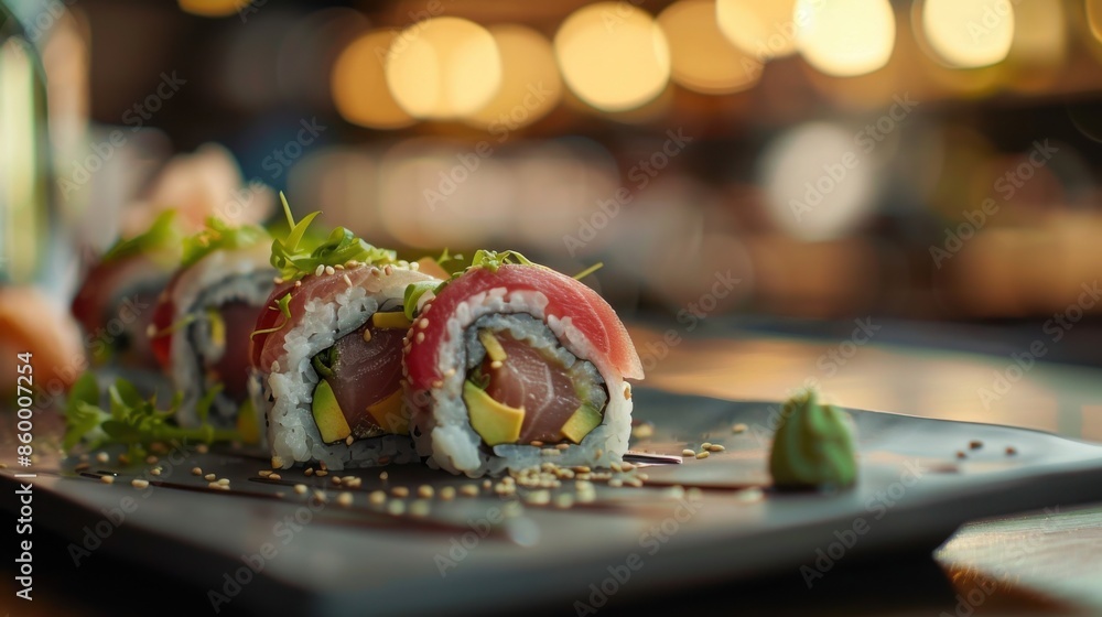 Fresh and Colorful Tuna Avocado Sushi Rolls on a Plate Fresh and Colorful Tuna Avocado Sushi Rolls on a Plate