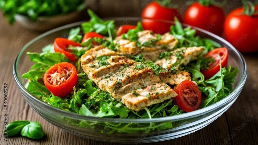 Fresh and healthy salad with chicken and cherry tomatoes Fresh and healthy salad with chicken and cherry tomatoes