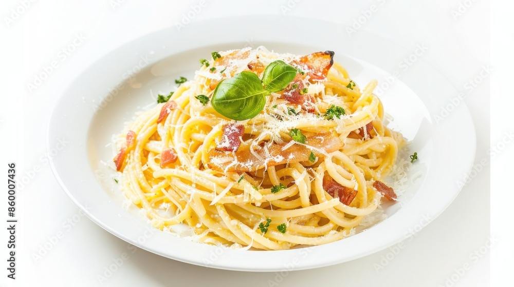 Delicious Plate of Spaghetti Carbonara with Bacon and Parmesan Chees Delicious Plate of Spaghetti Carbonara with Bacon and Parmesan Chees