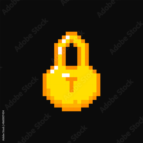 Golden padlock pixel item for game interface. Lock game element. Padlock 8 bit resource.