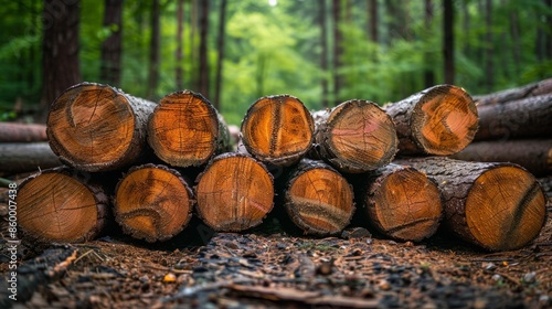 Stack of Freshly Cut Tree Logs in a Forest Clearing photo