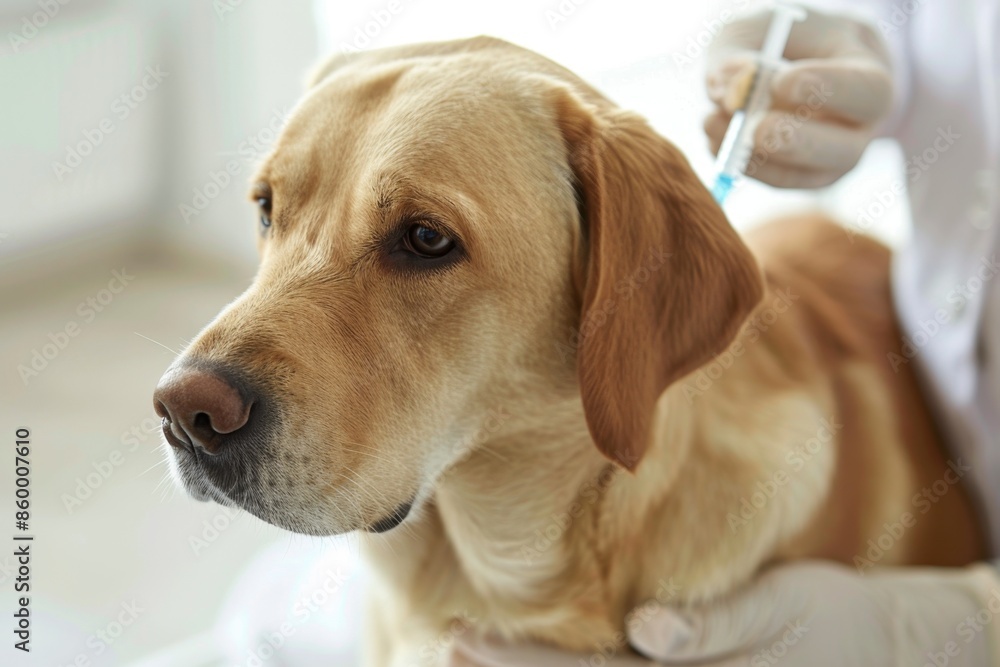 Close-up of a calm golden retriever dog receiving a vaccination from a veterinarian in a bright clinical setting Close-up of a calm golden retriever dog receiving a vaccination from a veterinarian in a bright clinical setting