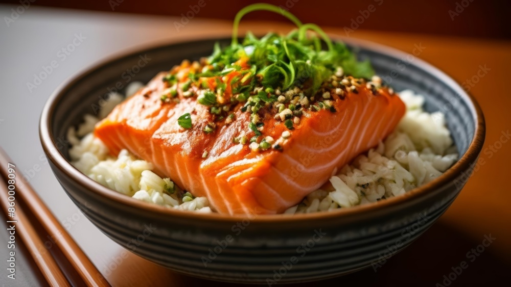 Deliciously prepared salmon and rice dish ready to be savored Deliciously prepared salmon and rice dish ready to be savored