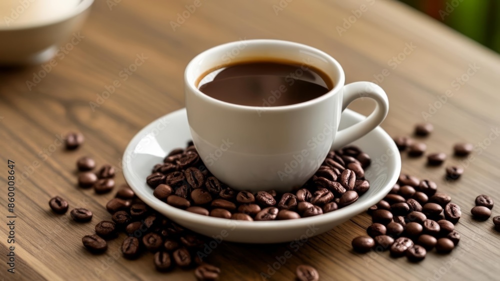 Aromatic coffee beans and a steaming cup a perfect blend of indulgence Aromatic coffee beans and a steaming cup a perfect blend of indulgence