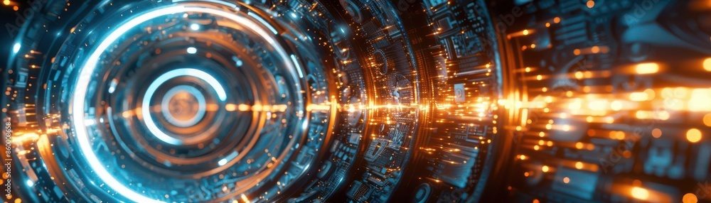 Futuristic sci-fi tunnel with neon lights and digital effects representing high-tech, modern technology, and virtual reality concepts. Futuristic sci-fi tunnel with neon lights and digital effects representing high-tech, modern technology, and virtual reality concepts.