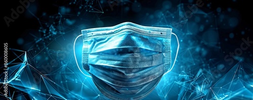 Surgical mask is glowing on a futuristic blue background with connecting lines, symbolizing healthcare technology photo