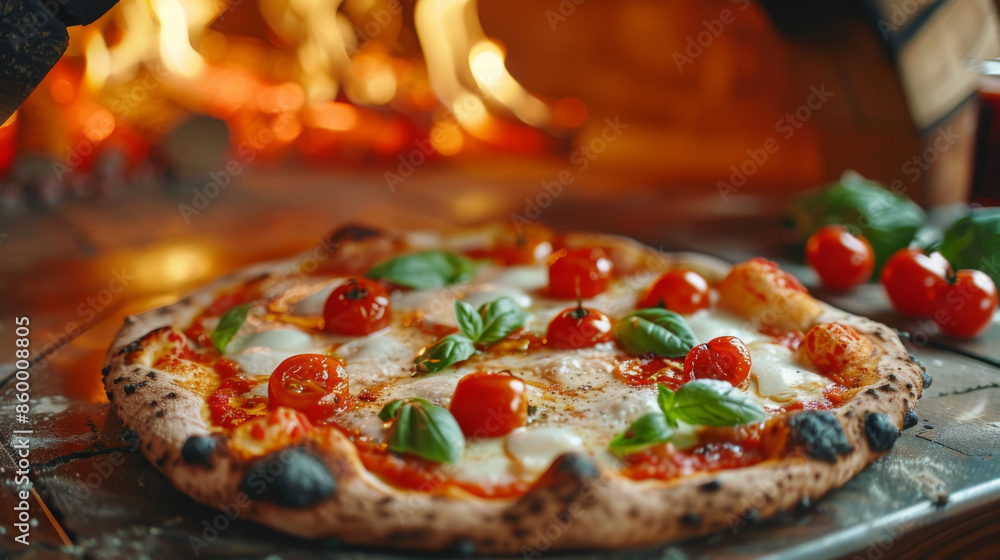 Close-up of a Margherita pizza with fresh basil and tomatoes, baking in a traditional wood-fired oven. Close-up of a Margherita pizza with fresh basil and tomatoes, baking in a traditional wood-fired oven.