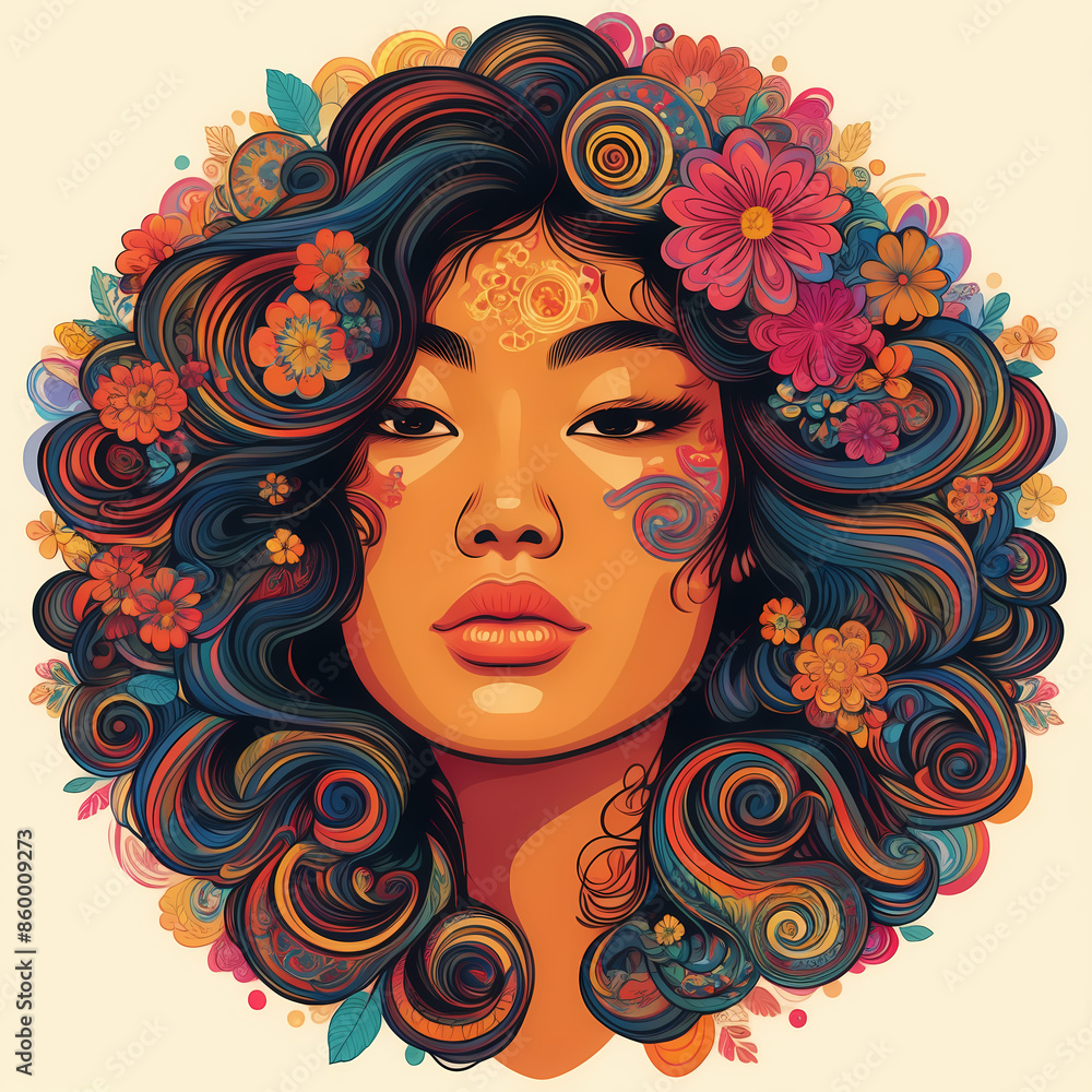 Colorful illustration of a woman's face embracing psychedelic 'flower power' revival, featuring vibrant colors and retro artistic vibes Colorful illustration of a woman's face embracing psychedelic 'flower power' revival, featuring vibrant colors and retro artistic vibes