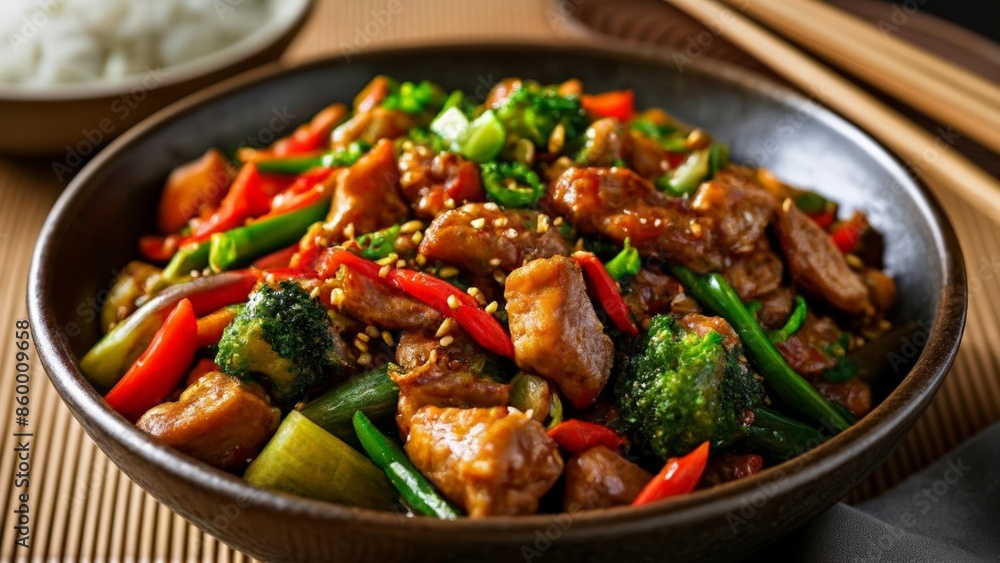 Delicious stirfry with chicken and vegetables ready to be savored Delicious stirfry with chicken and vegetables ready to be savored