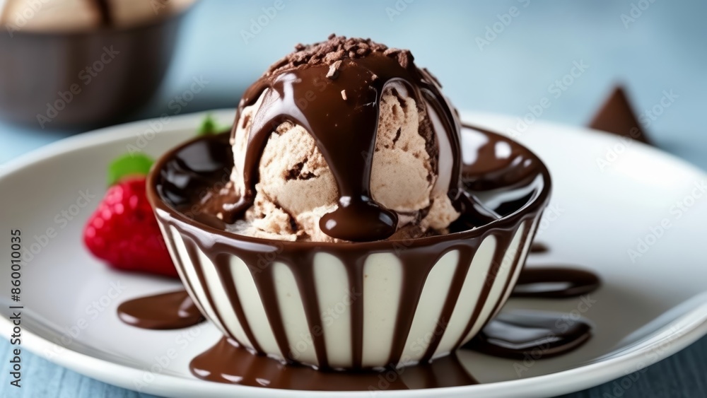 Indulgence in a bowl Chocolatedrizzled ice cream with a side of fresh strawberries Indulgence in a bowl Chocolatedrizzled ice cream with a side of fresh strawberries