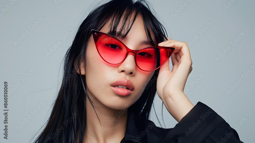 custom made wallpaper toronto digitalportrait of young asian woman adjusting red and stylish sunglasses while looking at camera isolated on grey : Generative AI