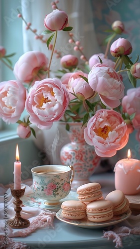 
A scene featuring peonies, a cup of coffee, a candle holder with a lit candle, and some desserts