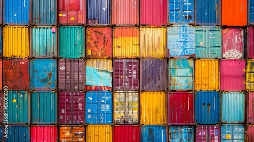 Colorful Shipping Containers Stacked in an Industrial Yard photo