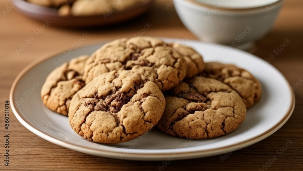 Deliciously baked chocolate chip cookies on a plate Deliciously baked chocolate chip cookies on a plate