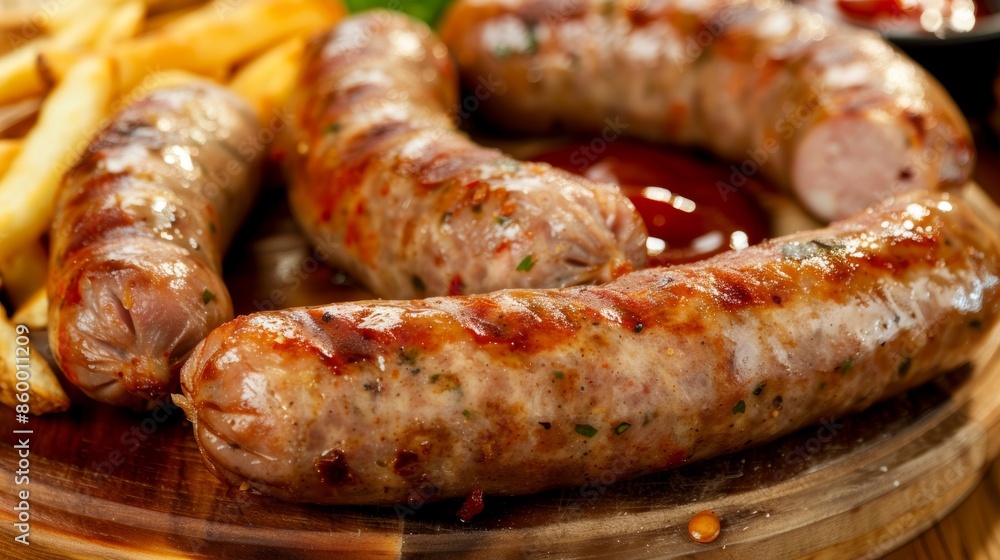 Sizzling grilled sausages with golden fries on a wooden platter Sizzling grilled sausages with golden fries on a wooden platter