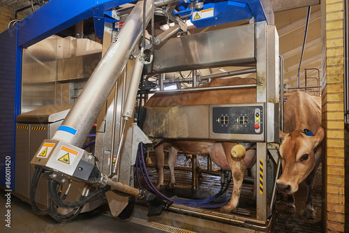 Milking robot on a modern cow farm in Denmark
