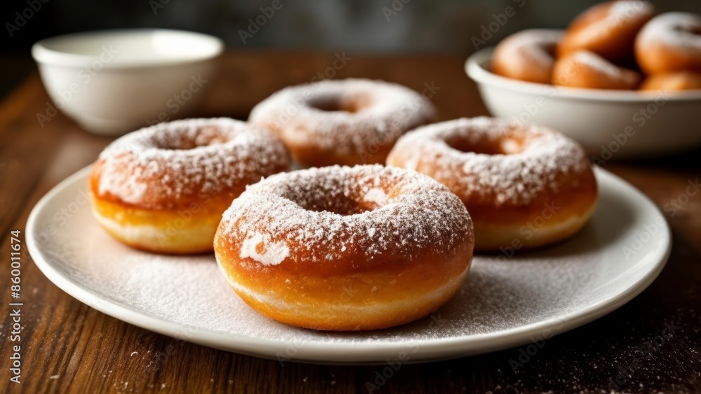 Sweet indulgence A plate of delicious powdered sugarcoated doughnuts Sweet indulgence A plate of delicious powdered sugarcoated doughnuts