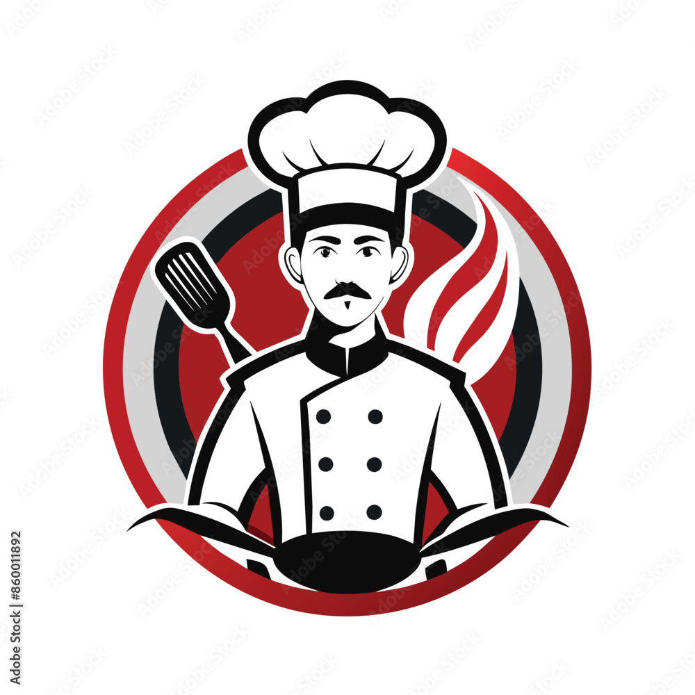 A high resolution minimalist logo featuring a chef in a white chefs hat and coat, with a spatula and flames behind him, surrounded by a red and gray circle A high resolution minimalist logo featuring a chef in a white chefs hat and coat, with a spatula and flames behind him, surrounded by a red and gray circle