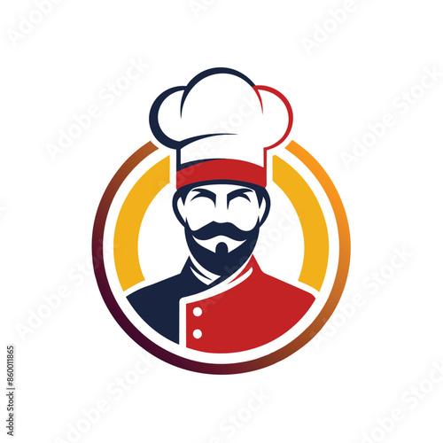 A minimalist logo design featuring a chef in a chefs hat and uniform, with a beard and mustache, in a circle