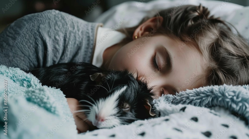 Child peacefully sleeping with pet guinea pig Child peacefully sleeping with pet guinea pig
