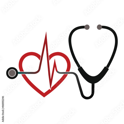 A medical logo depicting a red heart with a heartbeat line and a black stethoscope