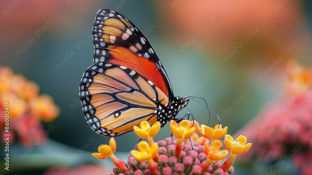 Obraz premium Close-up of a monarch butterfly perched on bright orange and yellow flowers, showcasing nature's beauty and vibrant colors.