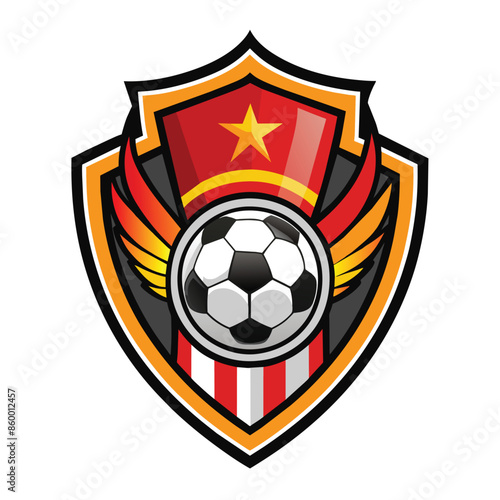 A colorful logo featuring a shield with red, white, and black stripes, a soccer ball in the center, golden wings, and a red star on top