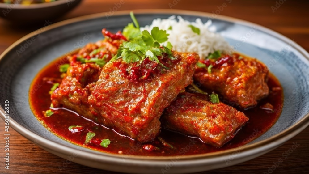 Deliciously spiced meat in a rich sauce served with fluffy white rice Deliciously spiced meat in a rich sauce served with fluffy white rice