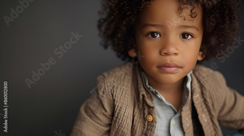 Stylish portrait of a curly darkskinned 3yearold boy dressed in stylish linen clothes : Generative AI photo