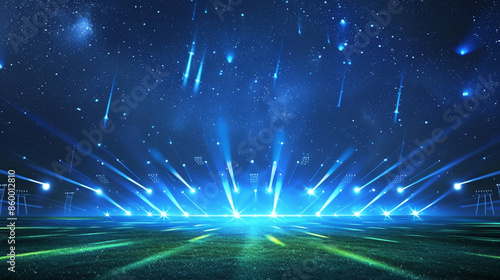 beautiful sports stadium with a green grass field shines with blue spotlights at night with stars. Sports tournament, world championship. Ai generated