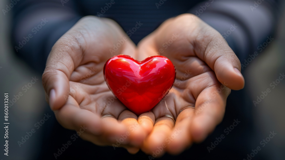 Close-up of hands holding a shiny red heart, symbolizing love, care, and compassion in a touching gesture. Close-up of hands holding a shiny red heart, symbolizing love, care, and compassion in a touching gesture.