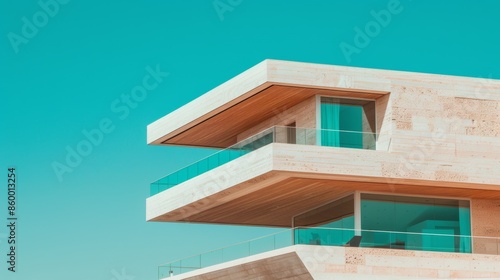 Modern architecture with geometric balconies against clear sky