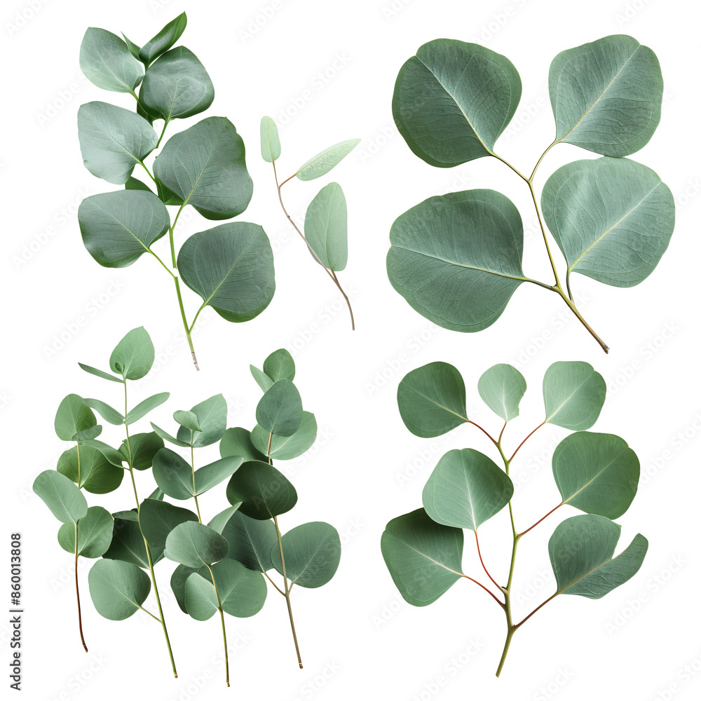 Collection of Various Eucalyptus Leaves Arranged on a transparent Background, Showcasing Different Shapes and Sizes of Green Foliage Collection of Various Eucalyptus Leaves Arranged on a transparent Background, Showcasing Different Shapes and Sizes of Green Foliage