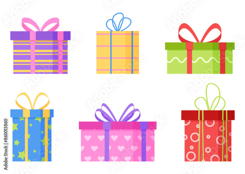 Cute colorful gift box with pattern present decoration flat illustration