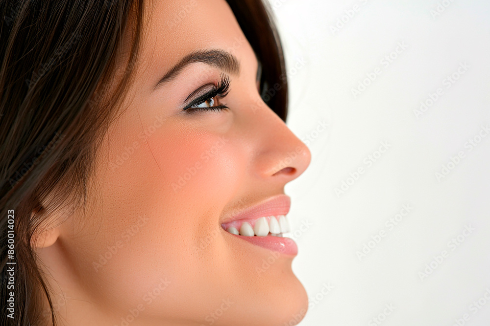 Profile of a woman smiling with a clean background, emphasizing facial features and positive emotion Profile of a woman smiling with a clean background, emphasizing facial features and positive emotion