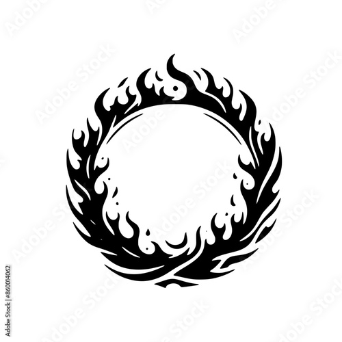 Circle Fire silhouette black vector frame. Flame circular frame isolated on white background 